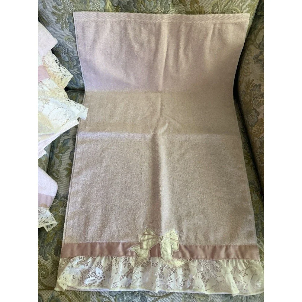 Vtg Elizabeth Gray Lace 5pc Towel Set Pink Bows Made n USA